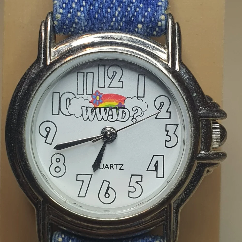 ๐ฆ10/$20๐ฆ Nelsonic WWJD? Silver/White Denim Women's Watch - Picture 1 of 5